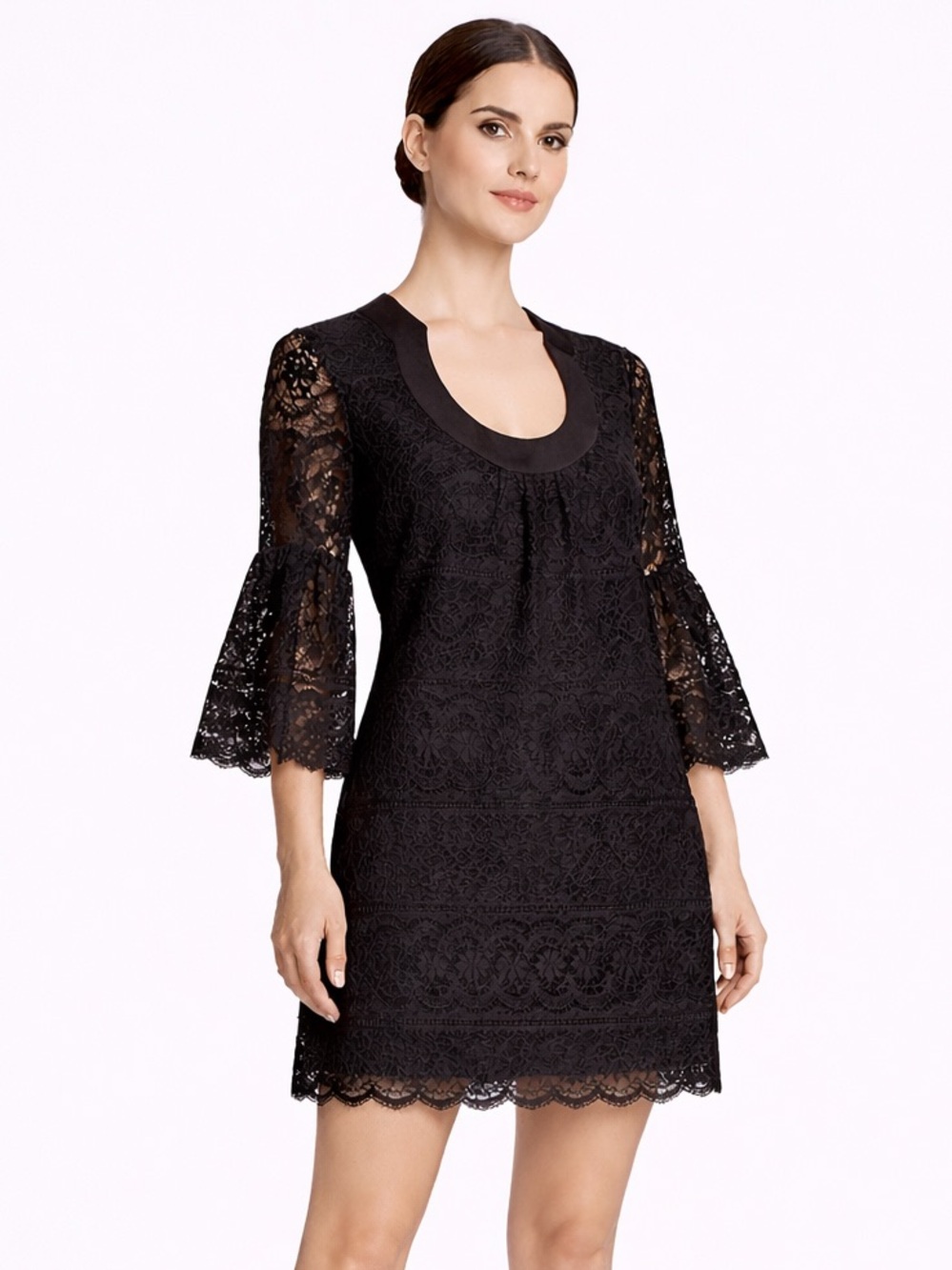 Trina Turk Bonita Black Lace Dress Bell Sleeve Shift Cocktail Sz 8 Elegant Chic